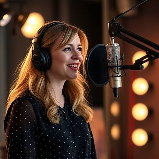 Emily Carter speaking into a microphone, voice-over artist
